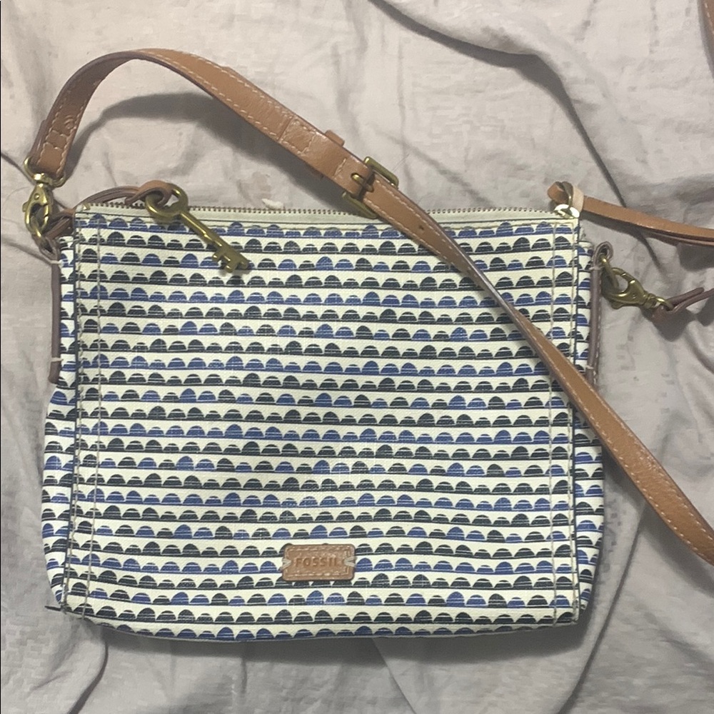 Fossil Blue and Tan Crossbody Bag with Woven Pattern